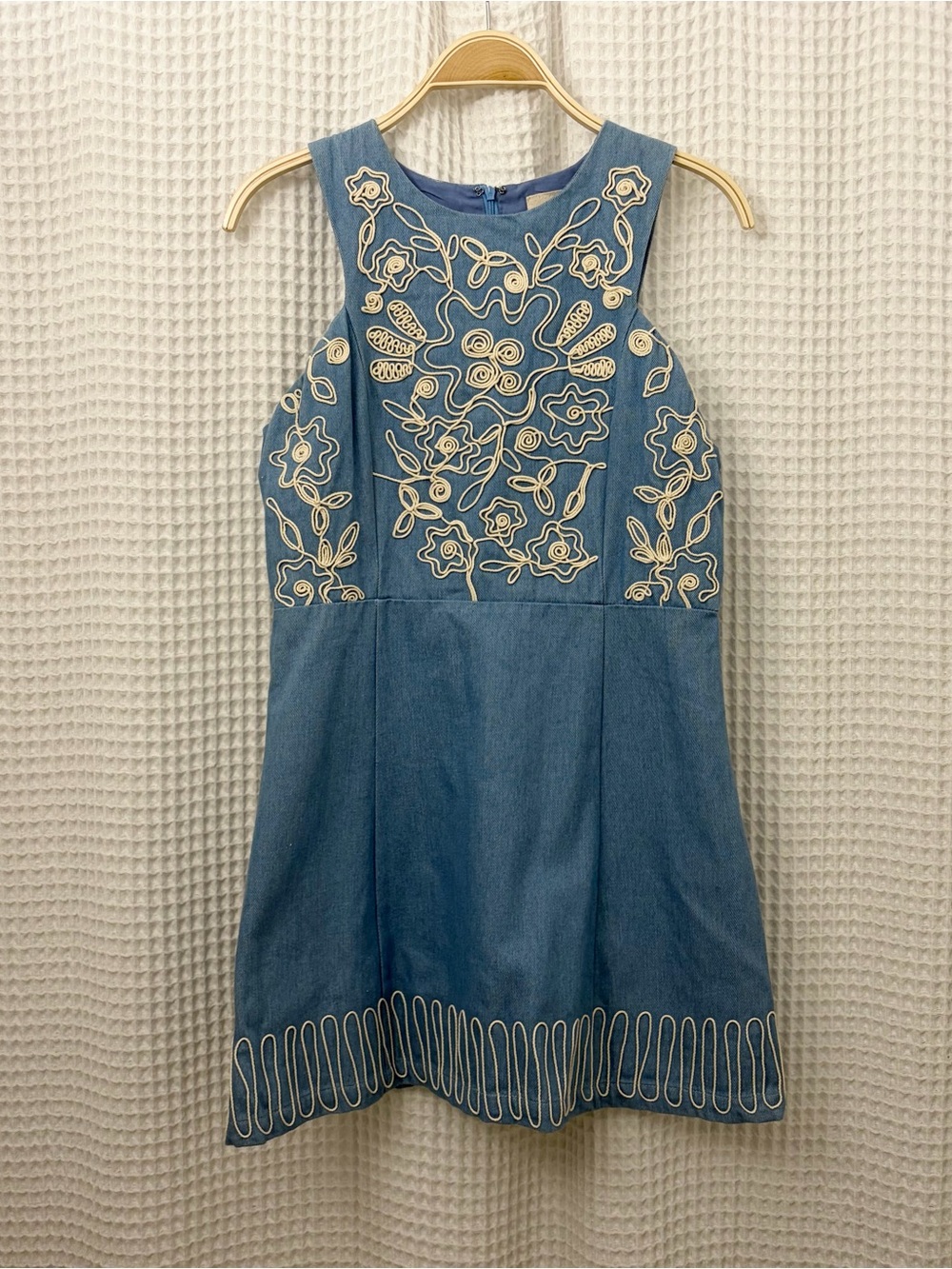 Anthropologie Blue Denim Mini Dress with Cream Embroidery